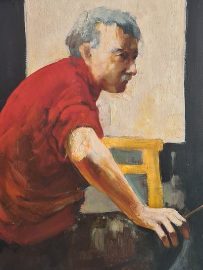 Christian HOCQUET (1935). Christian HOCQUET (1935). Self-portrait of the artist painting....