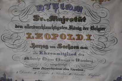 null 比利时王室。历史纪念品。"利奥波德一世陛下是纽伦堡阿尔布雷希特-杜勒圈的荣誉成员 "的文凭。羊皮纸上的书法和水粉画。日期为1843年11月。尺寸：80...