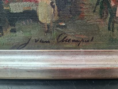 J. VAN CLEEMPUT (1881-1953). J.范-克莱姆普特（1881-1953）。布鲁塞尔圣凯瑟琳广场上的市场。布面油画。尺寸：70 x 85厘米。J....