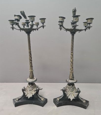 null Napoleon III period fireplace set consisting of two bronze candelabra on black...