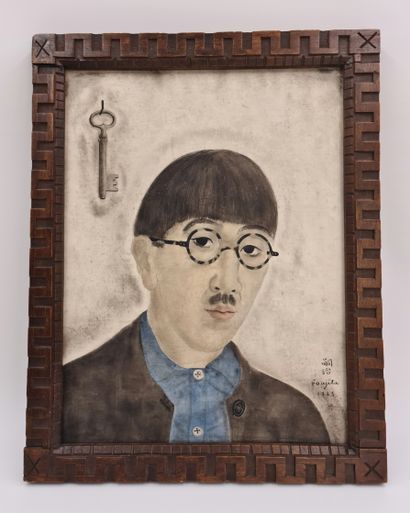 Léonard Tsuguharu FOUJITA (1886-1968). 伦纳德-福吉塔（Leonard Tsuguharu FOUJITA）（1886-1968）。拿着钥匙的自画像。布面油画，右下方有签名和日期...