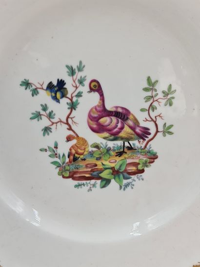 null Assiette en porcelaine de Tournai XVIIIème à décor polychrome d’oiseaux imaginaires....