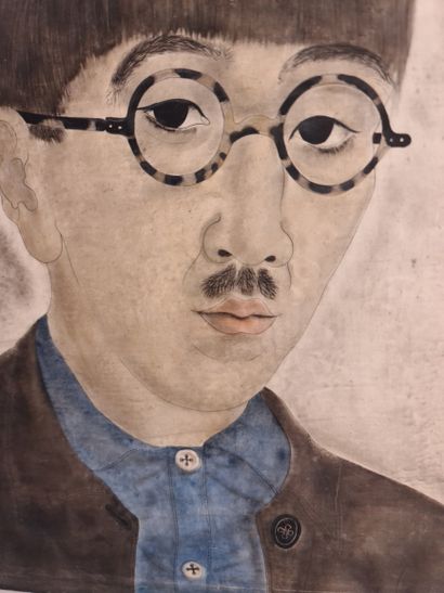 Léonard Tsuguharu FOUJITA (1886-1968). 
伦纳德-福吉塔（Leonard Tsuguharu FOUJITA）（1886-1968）。拿着钥匙的自画像。布面油画，右下方有签名和日期...