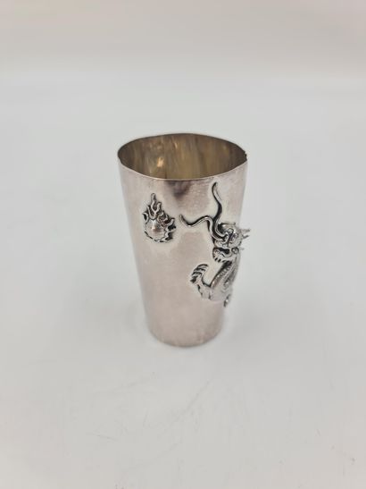 null Chinese silverware cup. Decoration of dragon chasing the sacred pearl. Chinese...