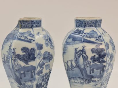 null Pair of Chinese porcelain hexagonal potiches with white/blue decoration. Accident...