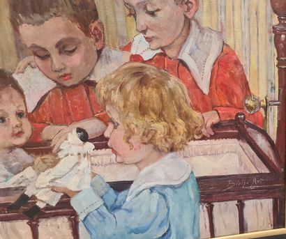 BERTHE ART (1857-1934) Berthe ART (1857-1934). Les enfants autour du berceau. Huile...