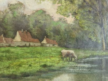 Henri DEGLUME ( 1865-1940) Henri DEGLUME ( 1865-1940). Paysage rural, vache au bord...