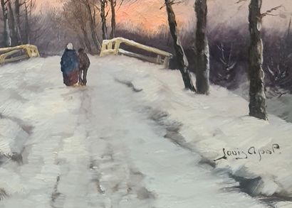 Louis Apol (1850-1936) Louis APOL (1850-1936). Huile sur panneau. Scène d'hiver animée...