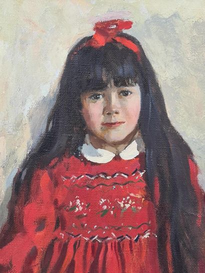 null Portrait d'une petite fille en robe rouge. Signature en cyrillique en bas à...