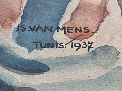 Isidore Van Mens (1890-1985). Isidore VAN MENS (1890-1985). Le souk animé. Aquarelle...