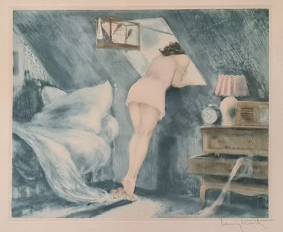 Louis ICART(1888-1950). Louis ICART(1888-1950)。穿着粉红色睡衣的年轻女士。1946年版权所有。彩色平版画。尺寸：44...