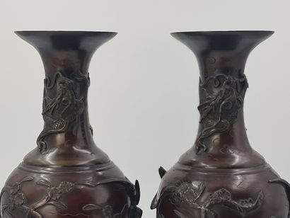 null 一对大的青铜花瓶，有长颈和弯曲的侧面，有高高的摊开的脚，高浮雕装饰着鸟和花木。日本，明治时期，19世纪末。高度：48厘米。

一对大型青铜瓦赞，有长长的哈尔斯和格布根棒子，在hoogreliëf...