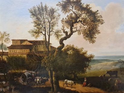 Philippe BUDELOT (1793-1841) Philippe BUDELOT (1793-1841) 农场脚下热闹的乡村场景。归功于布德洛特的布面油画。尺寸：45...