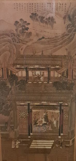 null 表现吏部尚书的亭子和他的宫女们的画。中国 19世纪。纸上水墨技术。小的破损，小的旧修复。尺寸：140厘米×64厘米。

一个男人在法庭上的表现。19世纪的中国。Inkttechniek...