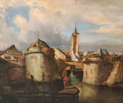 城市运河边上的哨兵（布鲁日或荷兰）。橡木板上的油画。尺寸：71 x 56厘米。

De...