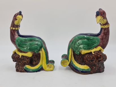Pair of brown, yellow, green and blue enamelled...