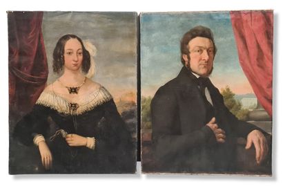 一对路易-菲利普时期的贵族夫妇的肖像画。先生在家族城堡周围的公园前摆姿势，他的左手放在一个纹章上。而夫人则摆出了尊严和珠宝的姿势。布面油画。尺寸：87...