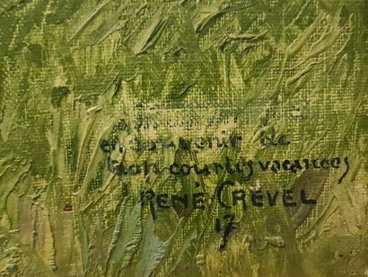 René CREVEL (1892-1971). 勒内-克雷维尔（1892-1971）。"为了纪念一个太短的假期。布列塔尼的悬崖。这可能是Yport镇。纸板上的油画，1917年签名并注明日期。尺寸：47...