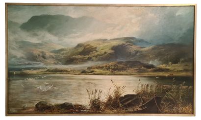 Charles II STUART (1838-1907) Charles II STUART (1838-1907) 雾中的山景，远处有飞鸟和牛群在饮水。布面油画。尺寸：198...