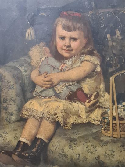 Jan VERHAS (1834-1896). 扬-韦尔哈斯（1834-1896）。带着洋娃娃的小女孩。桃花心木板上的油画。尺寸：37 x 47厘米。

扬-韦...
