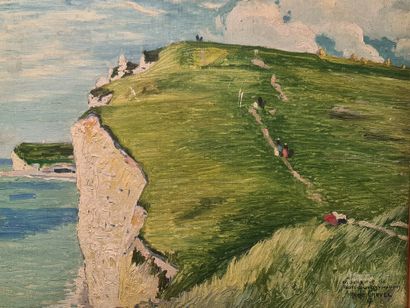René CREVEL (1892-1971). 勒内-克雷维尔（1892-1971）。"为了纪念一个太短的假期。布列塔尼的悬崖。这可能是Yport镇。纸板上的油画，1917年签名并注明日期。尺寸：47...