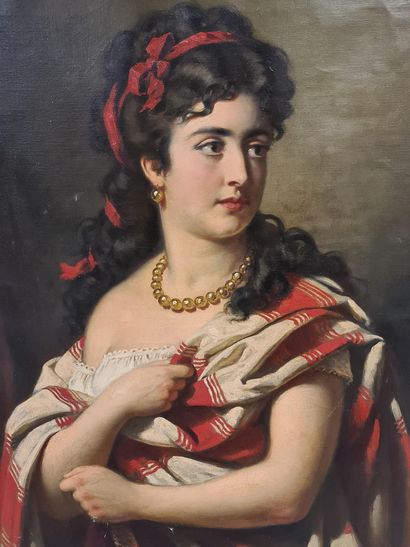Anton EBERT (1845-1896) 安东-艾伯特（1845-1896）奥地利学派。带着剑和珍珠项链的女士。布面油画。尺寸：96 x 70厘米。

安...
