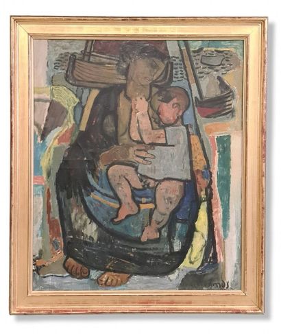 Gustave CAMUS (1914-1984). 古斯塔夫-卡姆斯（1914-1984）。孕妇。他在布列塔尼时期的象征性作品。布面油画。附上阿兰-维雷所著的《古斯塔夫-加缪》一书，该画出现在书中。尺寸：98...
