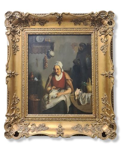 G.JANSSENS .老太太在厨房里给家禽拔毛。1840年左右桃花心木板上的油画。尺寸：45...