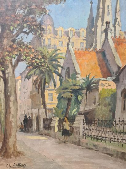 Charles CATTEAU (1880-1966). 查尔斯-CATTEAU（1880-1966）。尼斯的景色。布面油画。尺寸：52 x 64厘米。

查尔...