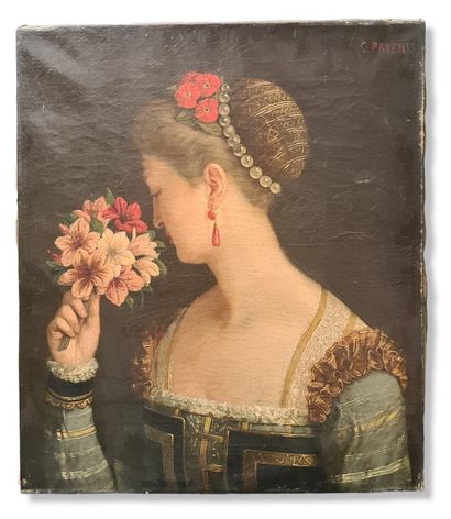 C. René PAYEN (XIX-XX). C.René PAYEN (XIX-XX).一个拿着花束的优雅女人的轮廓。布面油画。尺寸：50 x 58厘米。

C.René...