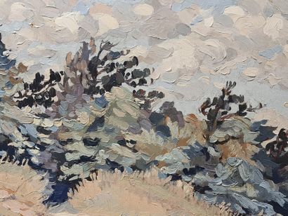 Emmanuel MEURIS (1894-1969). 埃马纽埃尔-缪里斯（1894-1969）。有针叶树的风景，1938年。板上油彩。尺寸：35 x 42厘米。

埃马纽埃尔-缪里斯（1894-1969）。Landschap...