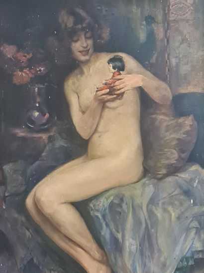 René LOMBAERTS (1885-1918). 勒内-隆巴耶特（1885-1918）。列日学校。带着中国娃娃的年轻裸体女人。布面油画，左下角有签名。尺寸：102...