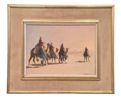 Maurice LEGENDRE (XX) Maurice LEGENDRE (XX) Caravan in the dunes. Oil on panel. Dimensions...