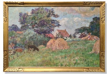 Anna BOCH ( 1848-1936). 安娜-博奇（1848-1936）。有干草和牛的草地。油画，右下角有签名。我们在艺术家于1889年完成的作品 "Hays...
