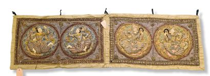 null Lot of two panels in finely embroidered textile and verroterie representing...