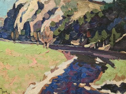Emmanuel MEURIS (1894-1969). 埃马纽埃尔-缪里斯（1894-1969）。四月的早晨。板上油彩。尺寸：45 x 55厘米。

埃马纽埃...
