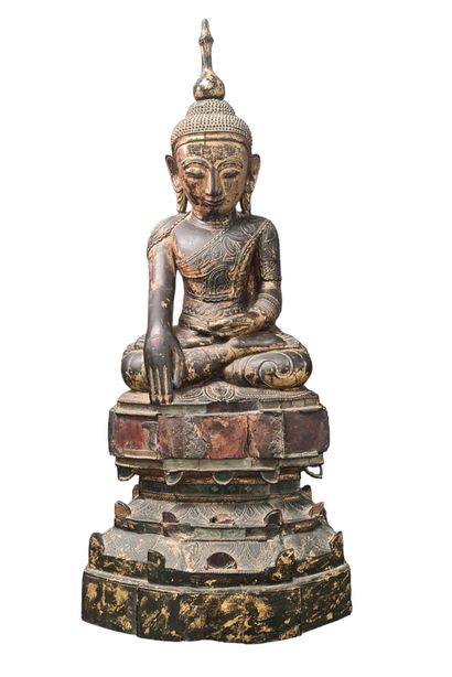 null Grand bouddha assis en bhumisparsa mudra (prise de la terre à témoin) en bois...