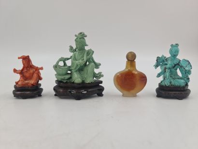 null Lot of three Chinese statuettes including three spring goddesses, one in coral,...