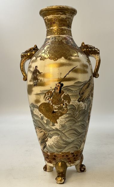 null Set of Satsuma earthenware baluster vases decorated with legendary characters...