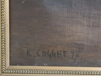 Rémy COGGHE (1854-1935). 雷米-科格（1854-1935）。十七世纪上流社会的孩子与他的剑和他的狗合影。布面油画，左下方有签名。尺寸：134...
