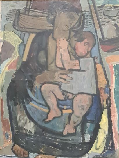 Gustave CAMUS (1914-1984). 古斯塔夫-卡姆斯（1914-1984）。孕妇。他在布列塔尼时期的象征性作品。布面油画。附上阿兰-维雷所著的《古斯塔夫-加缪》一书，该画出现在书中。尺寸：98...