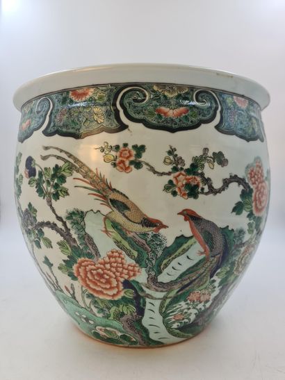 瓷器和珐琅彩的绿色家族水族箱，上面有一对雉鸡栖息在盛开的牡丹花枝上，一只鸟在梅花...