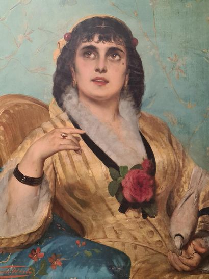 Léon HERBO (1850-1907). 莱昂-赫尔波（1850-1907）。美丽的意大利人与鸽子。布面油画。尺寸：70 x 56厘米。

莱昂-赫尔波（...