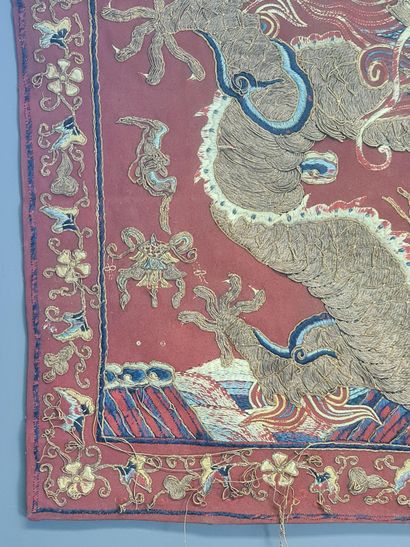 null Panel in linen and gilded copper wire representing a dragon spread out looking...