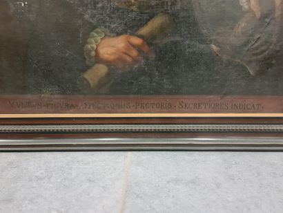 null 拿着剑和羊皮纸的高级人物。布面油画 17世纪。底部的拉丁文题字。尺寸：77 x 107厘米。旧的撕裂。

巨大的人物形象和巨大的财富。从17世纪开始就有了。Opschrift...