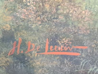 Leopold Henri DE LEEUW (1907- ?). 利奥波德-亨利-德-利乌(1907- ?)。沙勒罗瓦地区一个资产阶级家庭的重要狩猎场景。在马的中央，我们发现作品的委托人。附上一张时期照片，说明这幅画的同一位专员和演员在他的敞篷车的方向盘上。美丽的原版鎏金框架。尺寸：237...