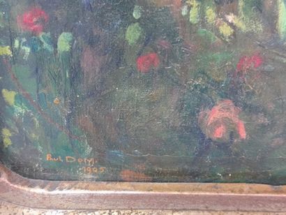 Paul DOM (1885-1978). § 保罗-道姆（1885-1978）。在自然主义花园中采摘鲜花的分布。象征主义面板上的油画，已签名并注明日期为1905年。尺寸：37...