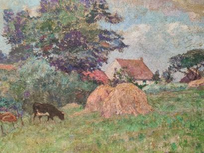 Anna BOCH ( 1848-1936). 安娜-博奇（1848-1936）。有干草和牛的草地。油画，右下角有签名。我们在艺术家于1889年完成的作品 "Hays...