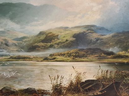 Charles II STUART (1838-1907) Charles II STUART (1838-1907) 雾中的山景，远处有飞鸟和牛群在饮水。布面油画。尺寸：198...
