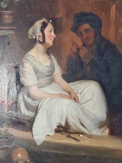 null 年轻的求婚者与女孩交谈。浪漫的场景。板面油画，有A.D.W的字样，日期为1848年。尺寸：42 x 32厘米。

年轻人在打情骂俏。浪漫的故事。在ADW的地图上，日期为1848年。尺寸：42...